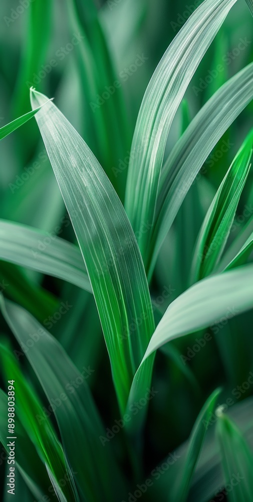 Fototapeta premium Close-up view of green leaves and blades creating a serene natural background