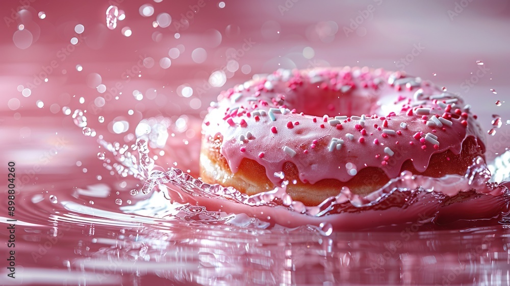 A donut with pink icing and sprinkles on a pink surface with water splashing A donut with pink icing and sprinkles on a pink surface with water splashing