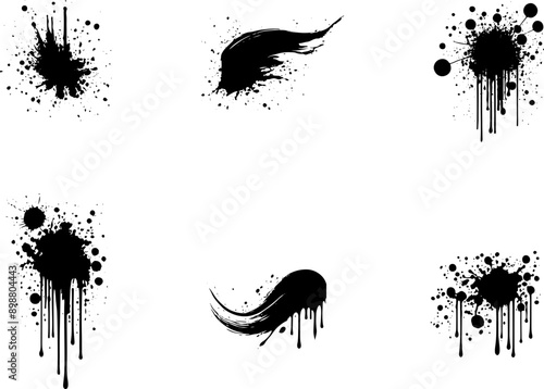 Set de tâches et éclaboussures de peinture ou de liquide, vecteur noir isolé fond transparent