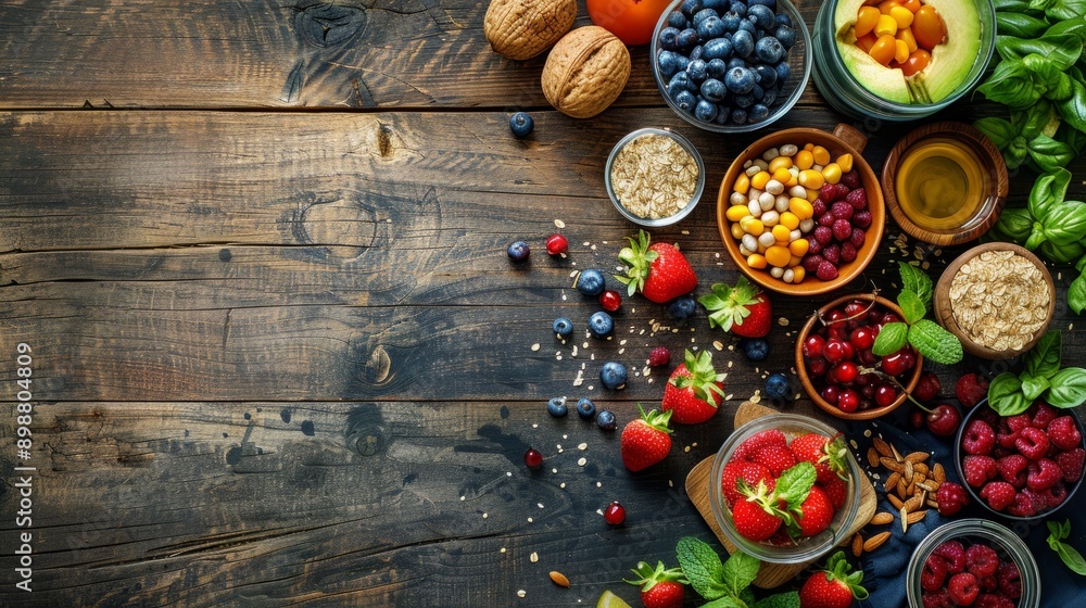 Balanced nutrition with plant-based foods on wooden table Balanced nutrition with plant-based foods on wooden table