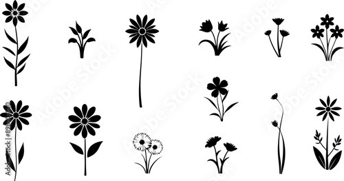 Set de petites fleurs a ajuster pour conceptions, vecteur noir sur fond blanc isolé