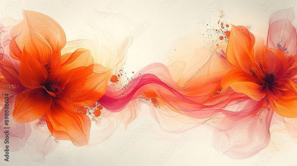 An orange and pink flower painting on a white canvas with a splash of color at the base An orange and pink flower painting on a white canvas with a splash of color at the base