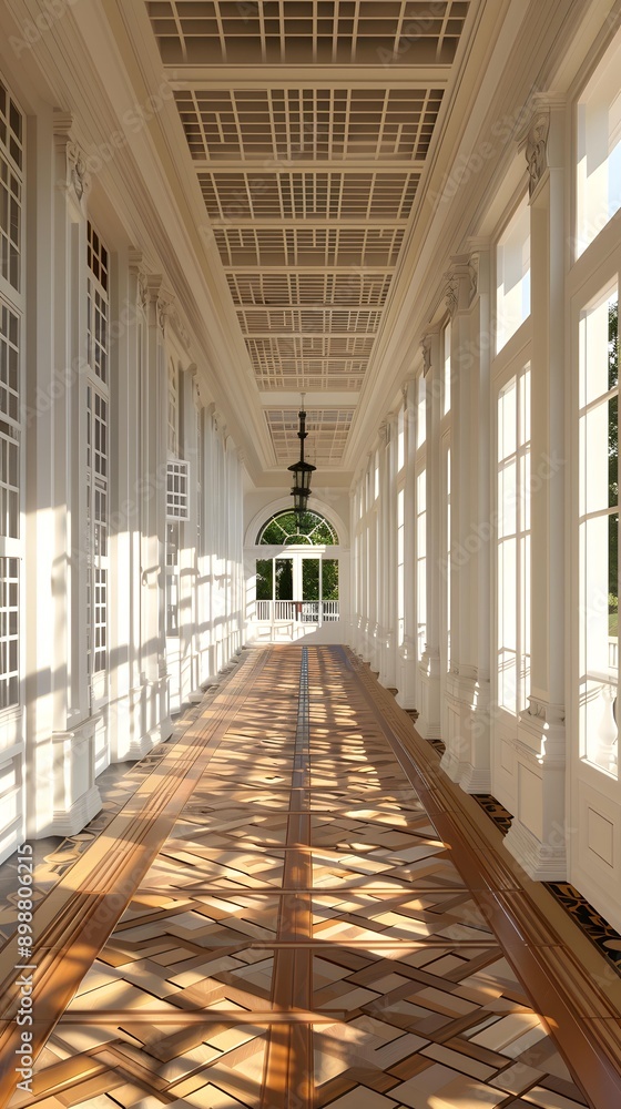Obraz premium White Corridor With Wood Floor And Sunlight