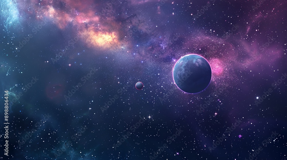 Gorgeous blue planet and satellite orbit gracefully in vibrant nebula galaxy, casting glowing hues across the night sky, inspiring awe in the cosmic universe Gorgeous blue planet and satellite orbit gracefully in vibrant nebula galaxy, casting glowing hues across the night sky, inspiring awe in the cosmic universe