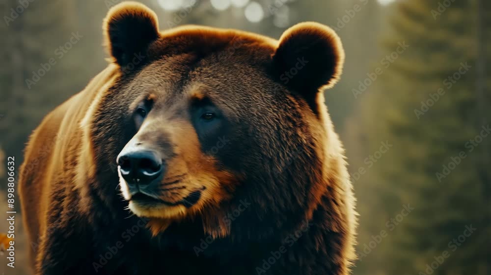 The camera tilts to focus on a brown bear's face, emphasizing its serious expression. The background blurs, highlighted by natural light and sidelights, creating a striking and intense scene The camera tilts to focus on a brown bear's face, emphasizing its serious expression. The background blurs, highlighted by natural light and sidelights, creating a striking and intense scene