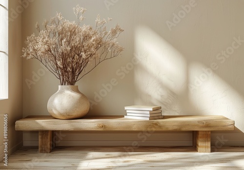 Wooden Bench With Vase and Books