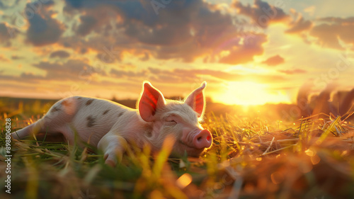 A cute baby pig laying in in pasture during sunset with a beautiful skyscape; a spring background with copy space and sun rays 