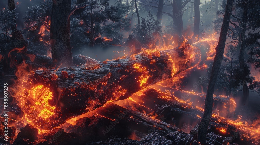 Flaming logs burning in a dense forest during early evening Flaming logs burning in a dense forest during early evening