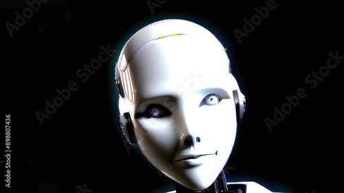 Humanoid Robot Face with Expressionless Gaze Advanced AI Technology Concept of Artificial Intelligence Machine Learning Robotics Innovation Ultra HD Sci-Fi Cinematic Video photo