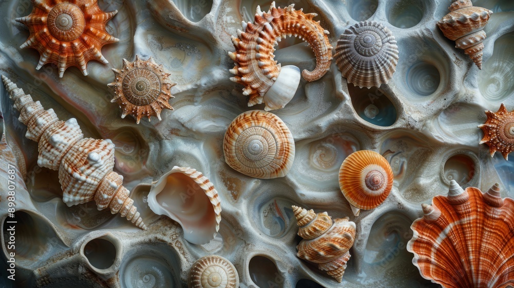 Unique textures of handmade crafts featuring sea shells on a sandy beach Unique textures of handmade crafts featuring sea shells on a sandy beach