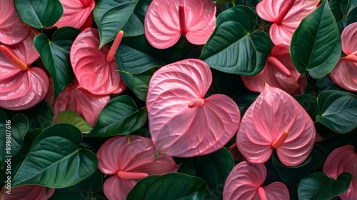 Wallpaper Mural Lovely pink anthurium flowers surrounded by rich green leaves in a lush arrangement Torontodigital.ca