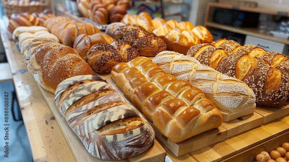 Artisan bakery displaying freshly baked bread varieties in morning light Artisan bakery displaying freshly baked bread varieties in morning light
