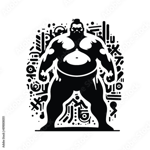 sumo  male player in graffiti tags, street art pattern illustration, emblem shield badge
