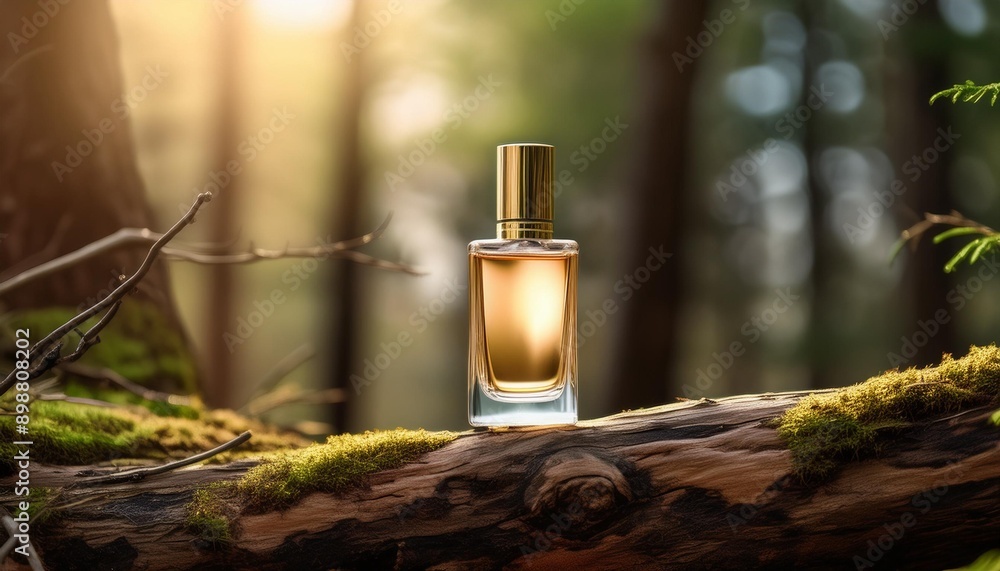 Forest Setting: Perfume Bottle Resting on Log Amidst Nature - Cosmetic Cream & Serum Mockup
