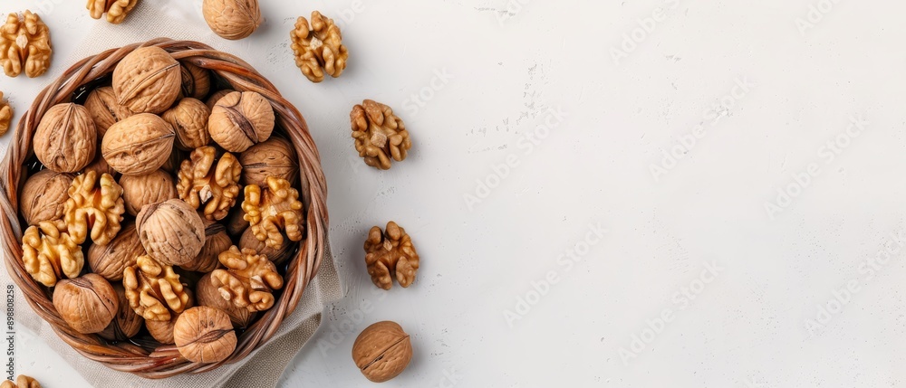 A basket brimming with walnuts atop a pristine white table Nearby, a napkin holds an additional pile of walnuts A basket brimming with walnuts atop a pristine white table Nearby, a napkin holds an additional pile of walnuts