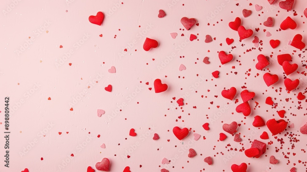 Red and pink hearts scattered on a light pink background, creating a romantic and festive Valentine's Day theme. Red and pink hearts scattered on a light pink background, creating a romantic and festive Valentine's Day theme.