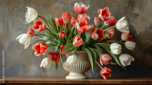 Wallpaper Mural Colorful tulip arrangement in decorative vase on wooden table Torontodigital.ca