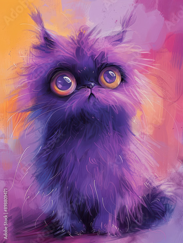 Colorful Illustration of a Fluffy Purple Cat with Big Eyes