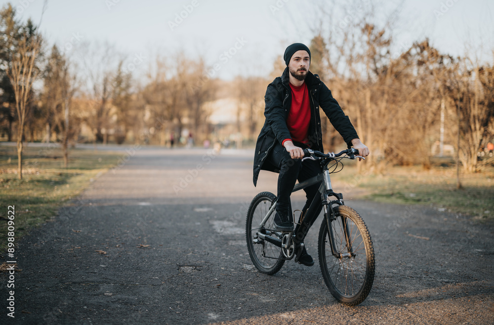 A young adult male cyclist rides his bike through a serene park, surrounded by trees and a vivid landscape in the afternoon light. A young adult male cyclist rides his bike through a serene park, surrounded by trees and a vivid landscape in the afternoon light.