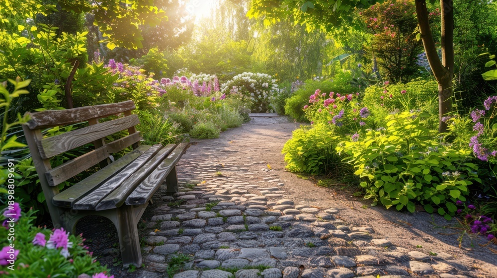 Cobblestone garden path leading to a wooden bench, surrounded by lush green plants and blooming flowers. Peaceful garden walk concept. Cobblestone garden path leading to a wooden bench, surrounded by lush green plants and blooming flowers. Peaceful garden walk concept.
