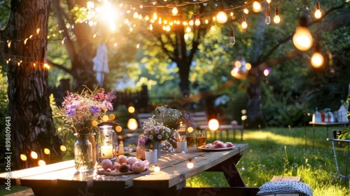 Outdoor dining setup with a wooden picnic table, string lights, and floral arrangements under a canopy of trees. Evening garden party concept.