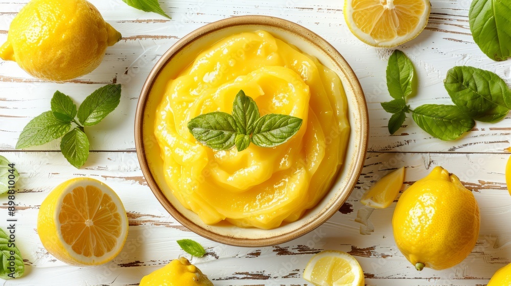 Delicious lemon curd served in a bowl with fresh lemons and mint leaves