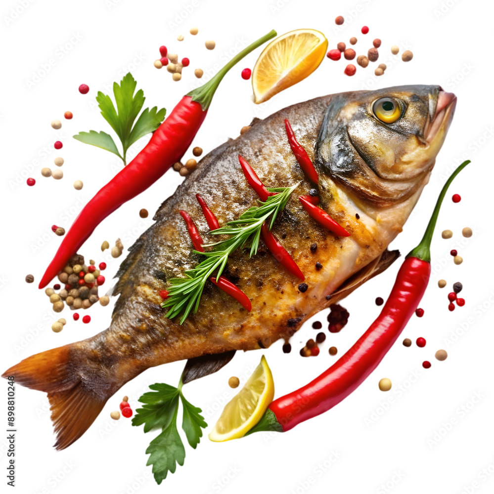 a fried fish with chilly and spices delicious food a fried fish with chilly and spices delicious food