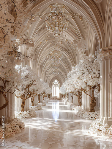 dreamy white and gold luxury hallway corridor of the  expensive 5 stars hotel  wedding reception  white castle with white floral decoration. chandelier  baroque decoration in background photo