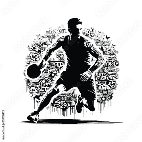 Tennis, table tennis  male player in graffiti tags, street art pattern illustration, emblem shield badge