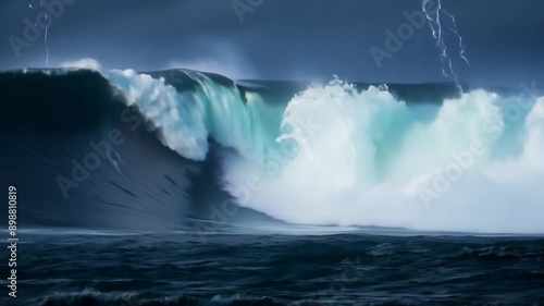 A powerful ocean wave crashes.