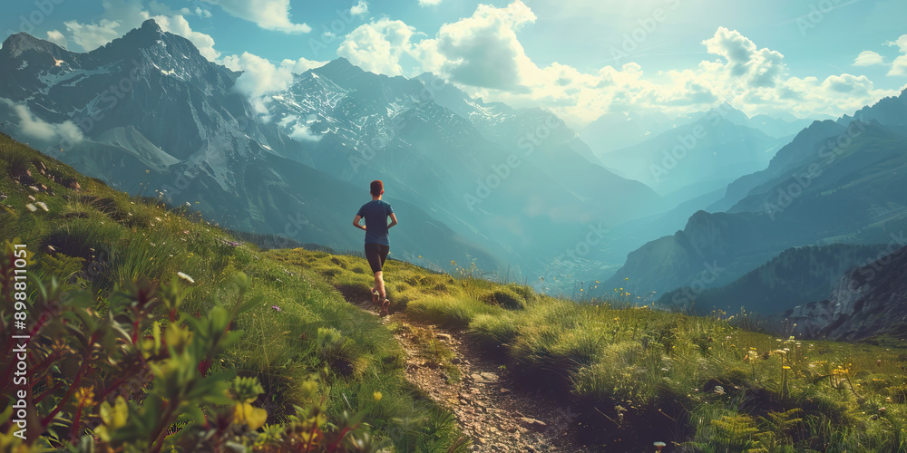 A fitness enthusiast runs along a scenic trail, taking in the breathtaking view of the mountains in the distance. A fitness enthusiast runs along a scenic trail, taking in the breathtaking view of the mountains in the distance.