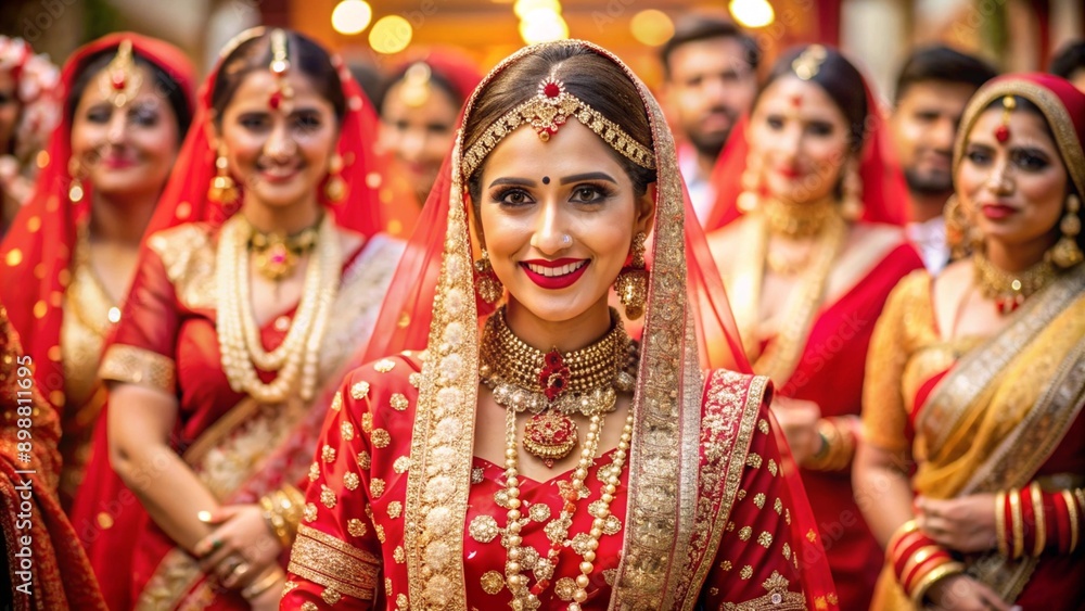 A bride adorned in a resplendent red bridal sari surrounded by wedding festivities and loved ones. A bride adorned in a resplendent red bridal sari surrounded by wedding festivities and loved ones.