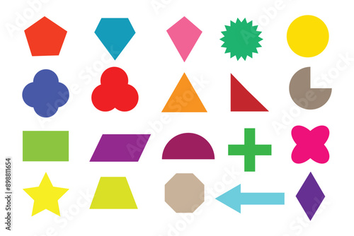 Basic geometric shapes kids, black and colorful cute flat icons set, cartoon characters isolated on transparent background. Education and children game. Geometric primitives vector collection.