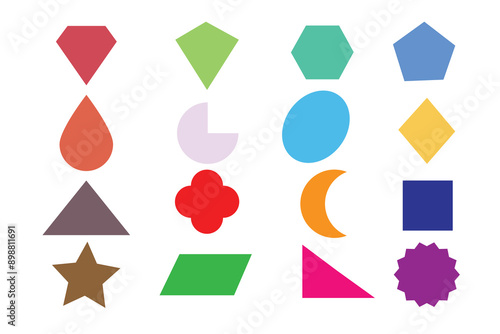 Basic geometric shapes kids, black and colorful cute flat icons set, cartoon characters isolated on transparent background. Education and children game. Geometric primitives vector collection.
