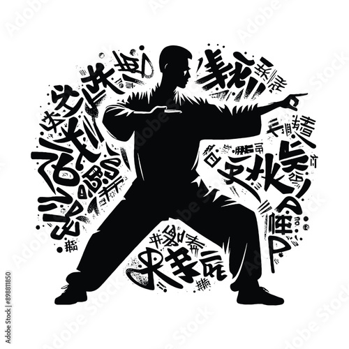 kungfu, Tai Chi  male player in graffiti tags, street art pattern illustration, emblem shield badge