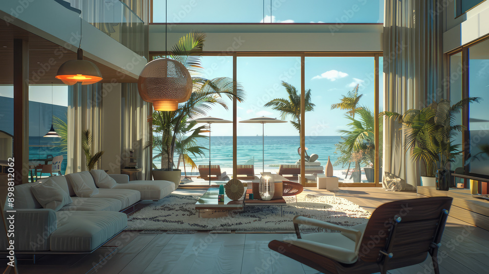 the high ceiling loft living room that is opened to the water view in luxury modern oceanside sea view vacation home on the island the high ceiling loft living room that is opened to the water view in luxury modern oceanside sea view vacation home on the island