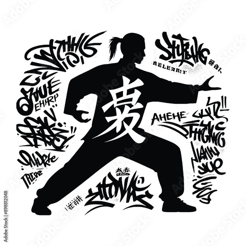 kungfu, Tai Chi  male player in graffiti tags, street art pattern illustration, emblem shield badge