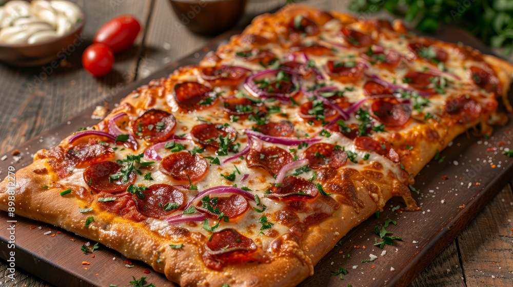 Homemade pepperoni pizza with onions and herbs on wooden table at dinner time Homemade pepperoni pizza with onions and herbs on wooden table at dinner time