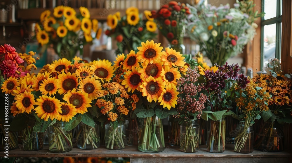 Bright sunflowers and fresh flowers for sale in a cozy floral shop Bright sunflowers and fresh flowers for sale in a cozy floral shop