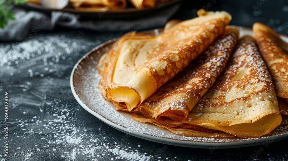 Crepes filled rolls served on white dish with powdered sugar Crepes filled rolls served on white dish with powdered sugar