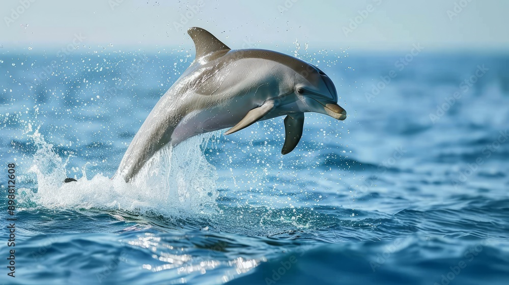 Naklejka premium Striped dolphin leaping out of ocean during sunny day