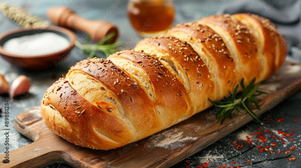 Fresh aromatic loaf of bread on wooden table with honey and herbs Fresh aromatic loaf of bread on wooden table with honey and herbs