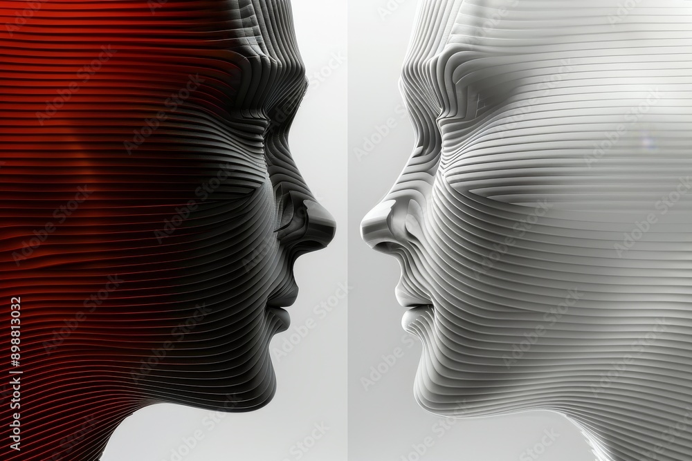 Fototapeta premium Abstract profile silhouettes facing each other symbolizing connection and communication in black and white