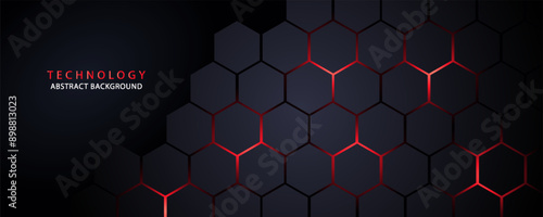 Dark gray and red horizontal hexagonal technology abstract vector background. red bright energy flashes under hexagon in futuristic modern technology wide banner. Dark gray honeycomb texture grid.
