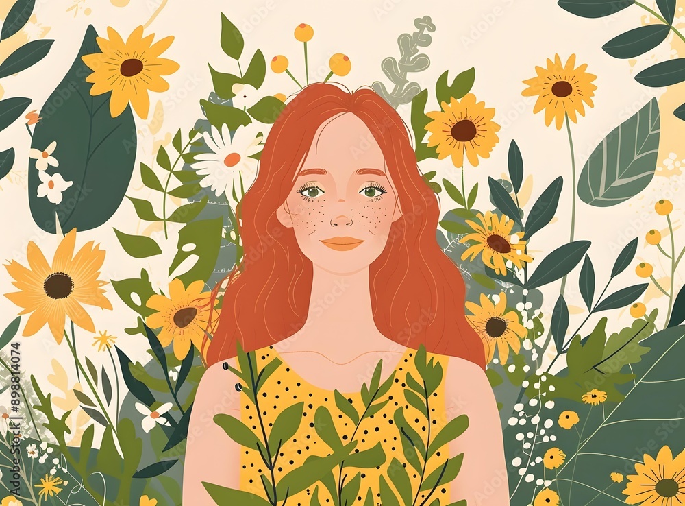 Red Haired Woman Surrounded by Yellow Flowers Red Haired Woman Surrounded by Yellow Flowers