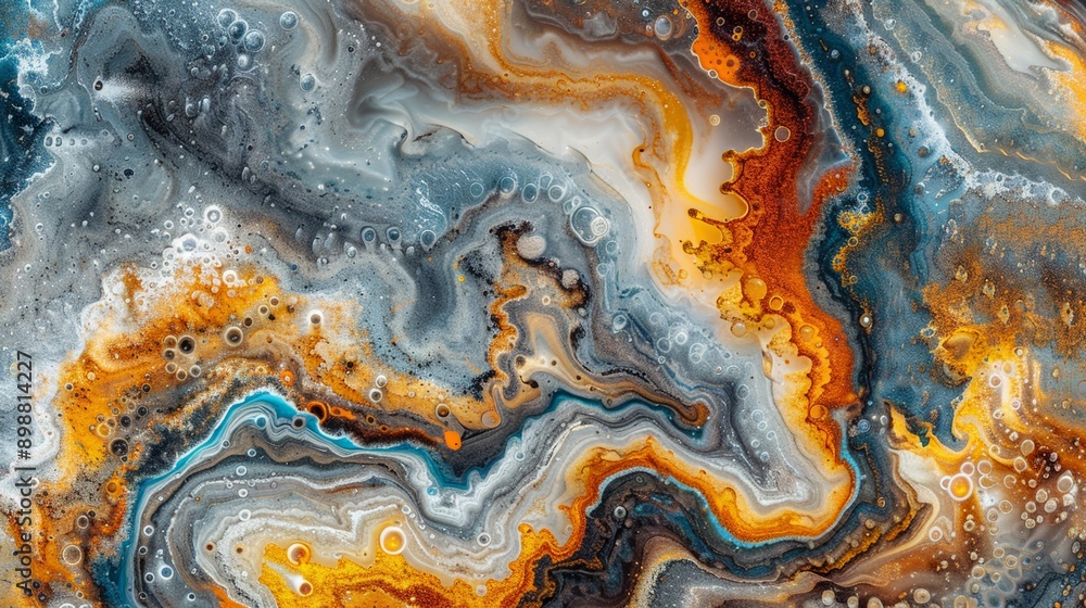 Fluid art painting featuring wavy shapes and bubbles in varying shades of orange, blue, and grey Fluid art painting featuring wavy shapes and bubbles in varying shades of orange, blue, and grey