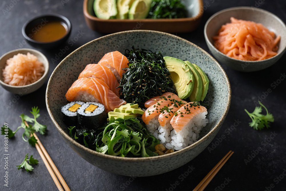 Homemade sushi bowl with fresh fish avocado and seaweed Homemade sushi bowl with fresh fish avocado and seaweed