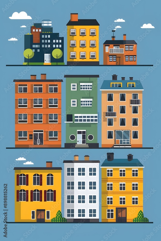 Set of Colorful Modern Buildings with Windows and Doors Set of Colorful Modern Buildings with Windows and Doors