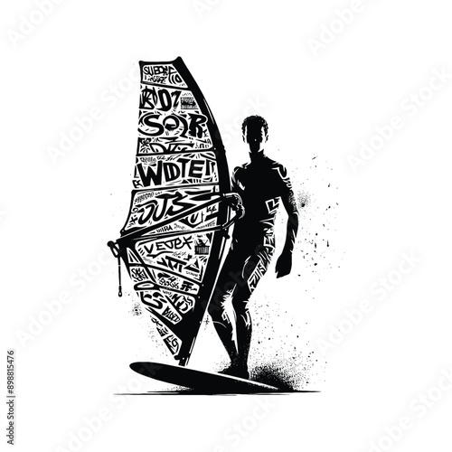 Windsurfing  male player in graffiti tags, street art pattern illustration, emblem shield badge
