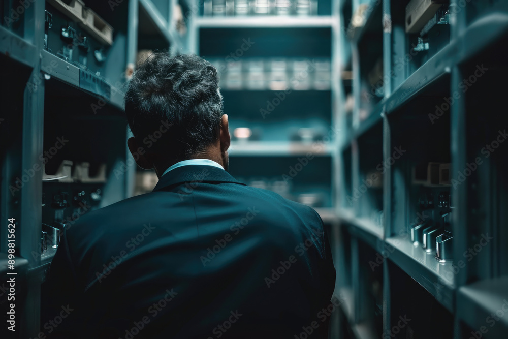 Bank manager looks at empty vault shelves symbolizing bankruptcy Bank manager looks at empty vault shelves symbolizing bankruptcy